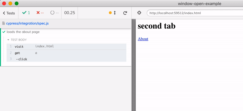 Test opens the second tab invisible to Cypress