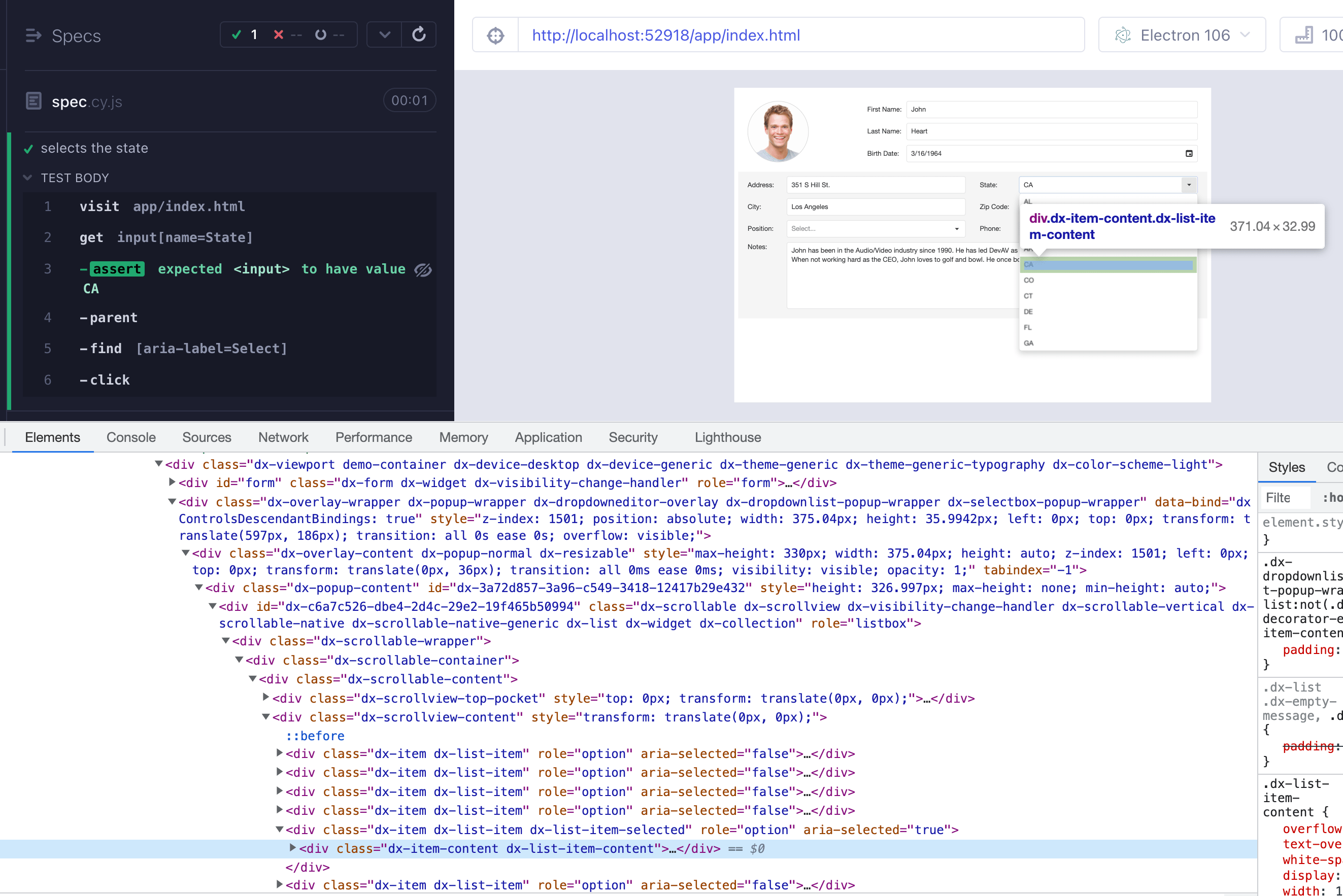 The HTML markup for the states list popup