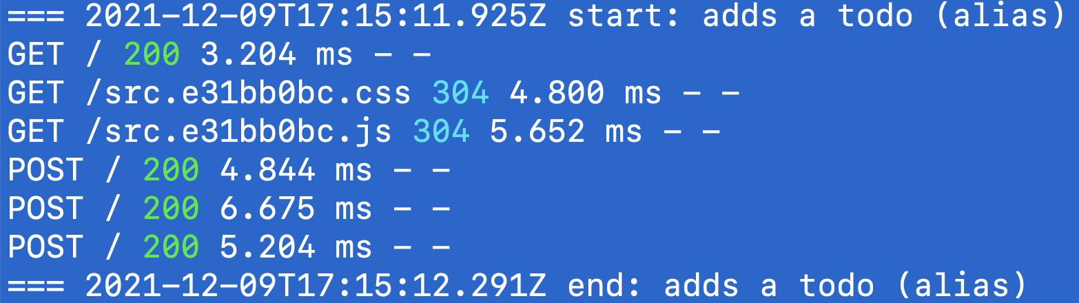 The timestamps are printed around the test terminal output
