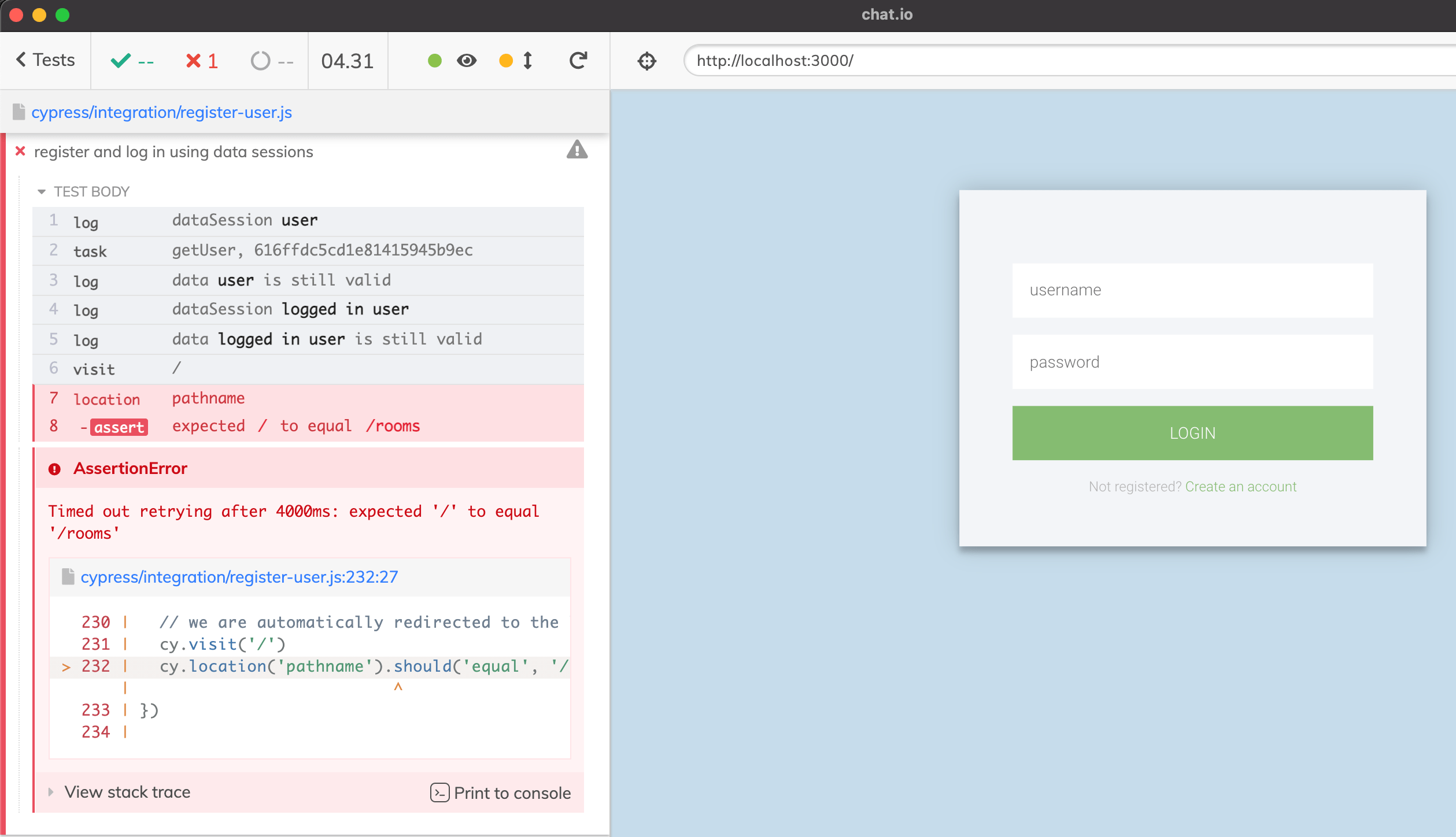 The user was redirected back to the login page