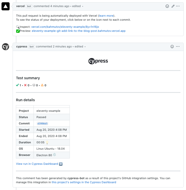 Cypress GitHub App comments on the pull requests