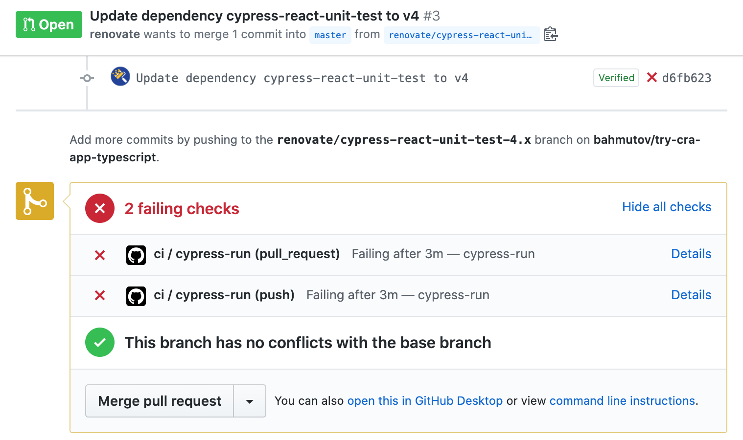 Failed pull request to update cypress-react-unit-test