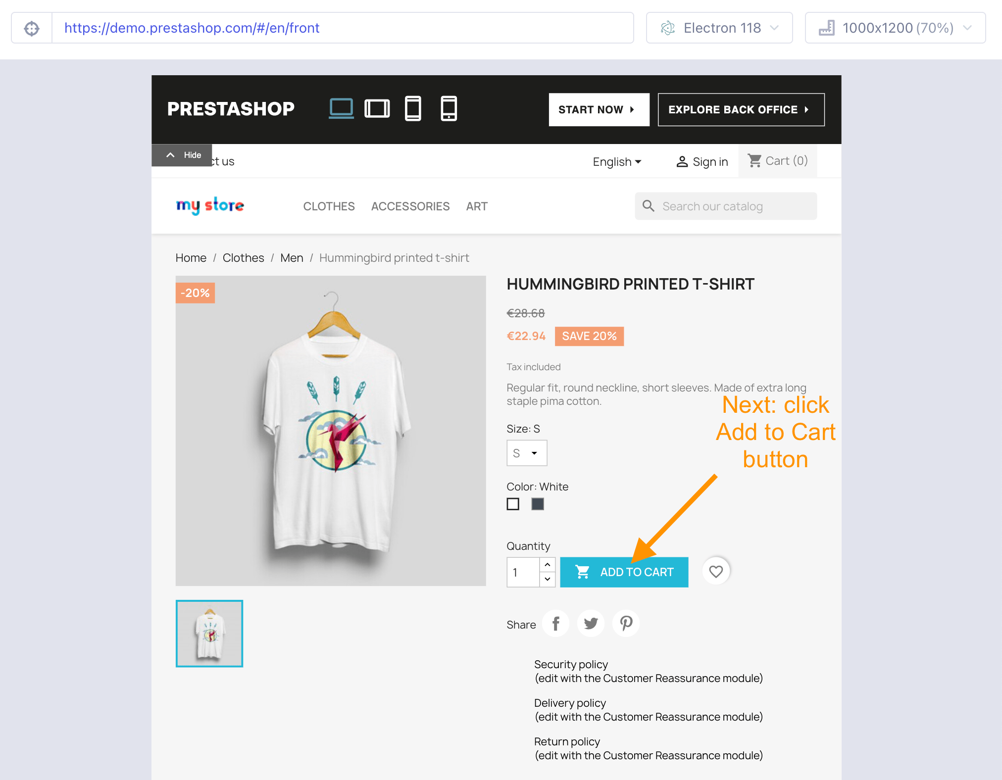 The item view where we want to click on the Add To Cart button