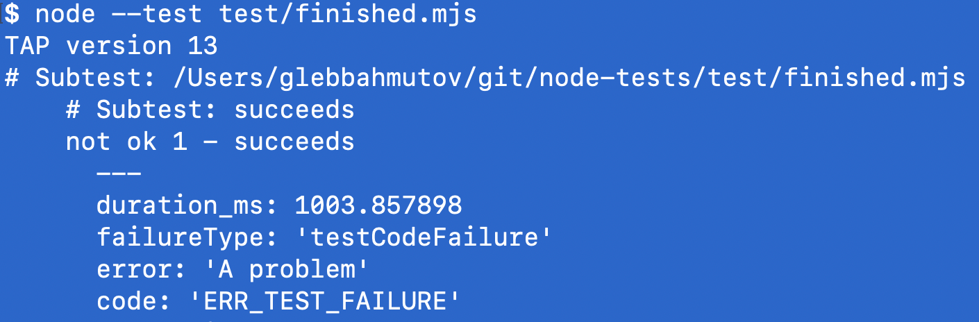 Fail the test by calling done with an error argument