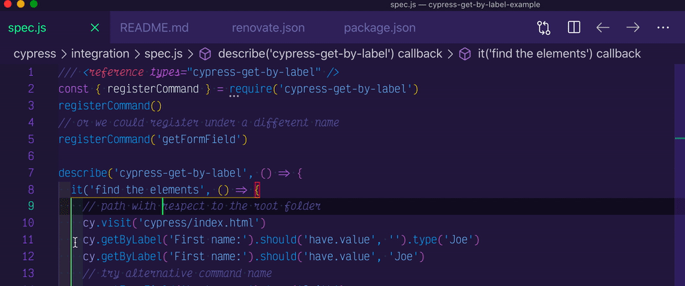 cy.getByLabel method has the right types