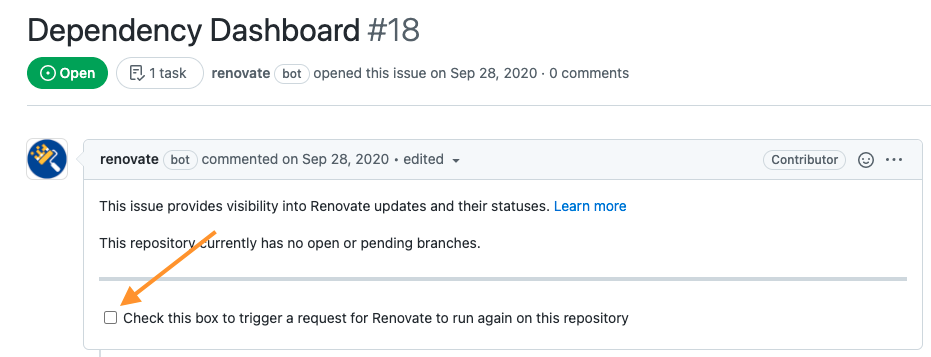A checkbox click in the GitHub issue triggers Renovate run
