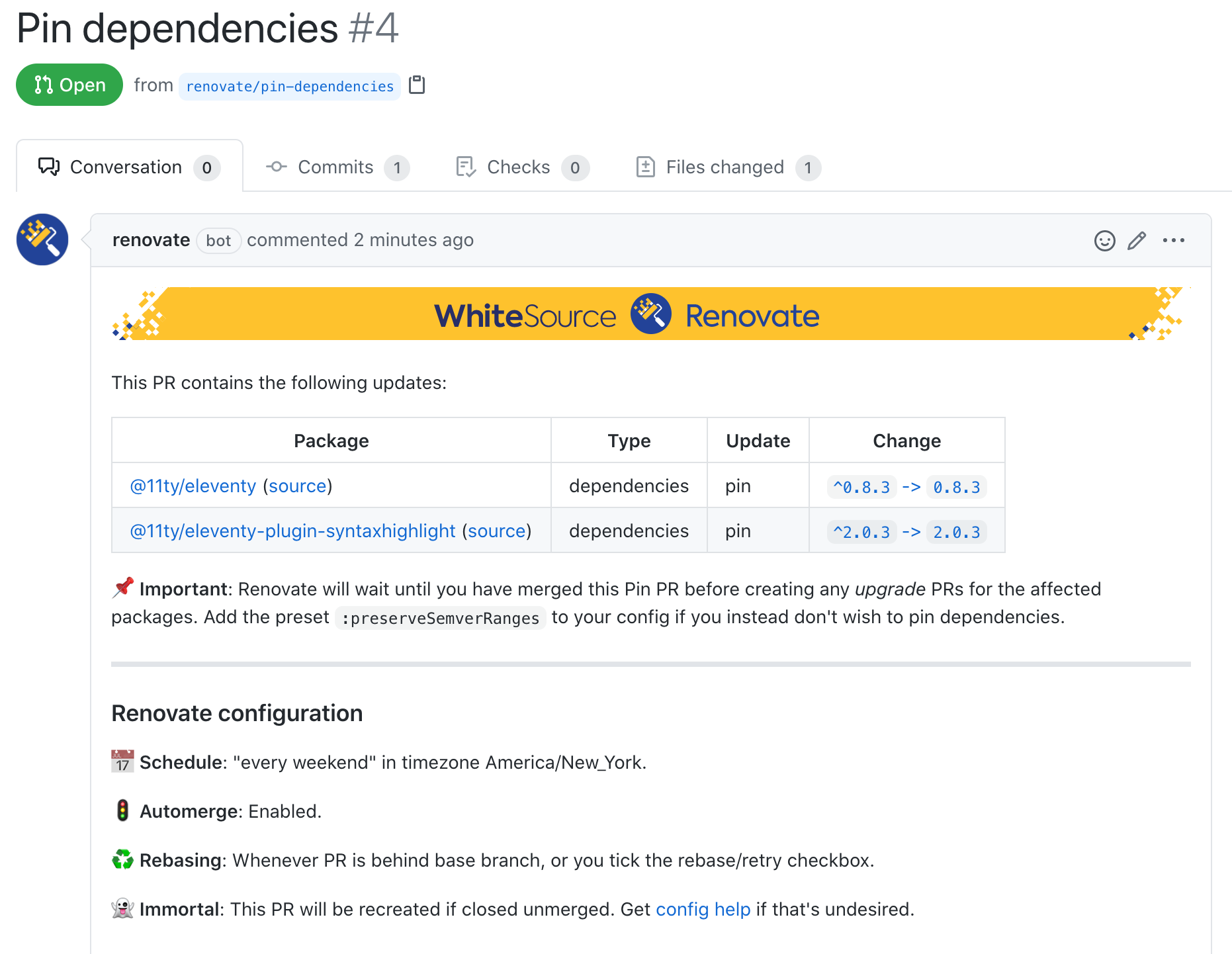 RenovateApp opens a pull request to pin dependencies