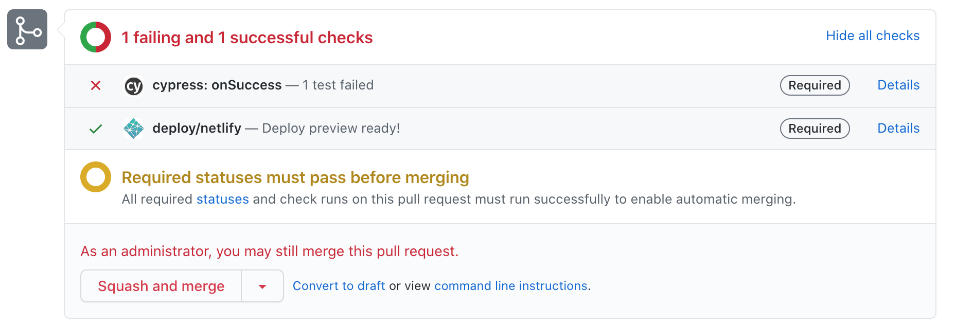 Pull request with failing tests cannot be merged
