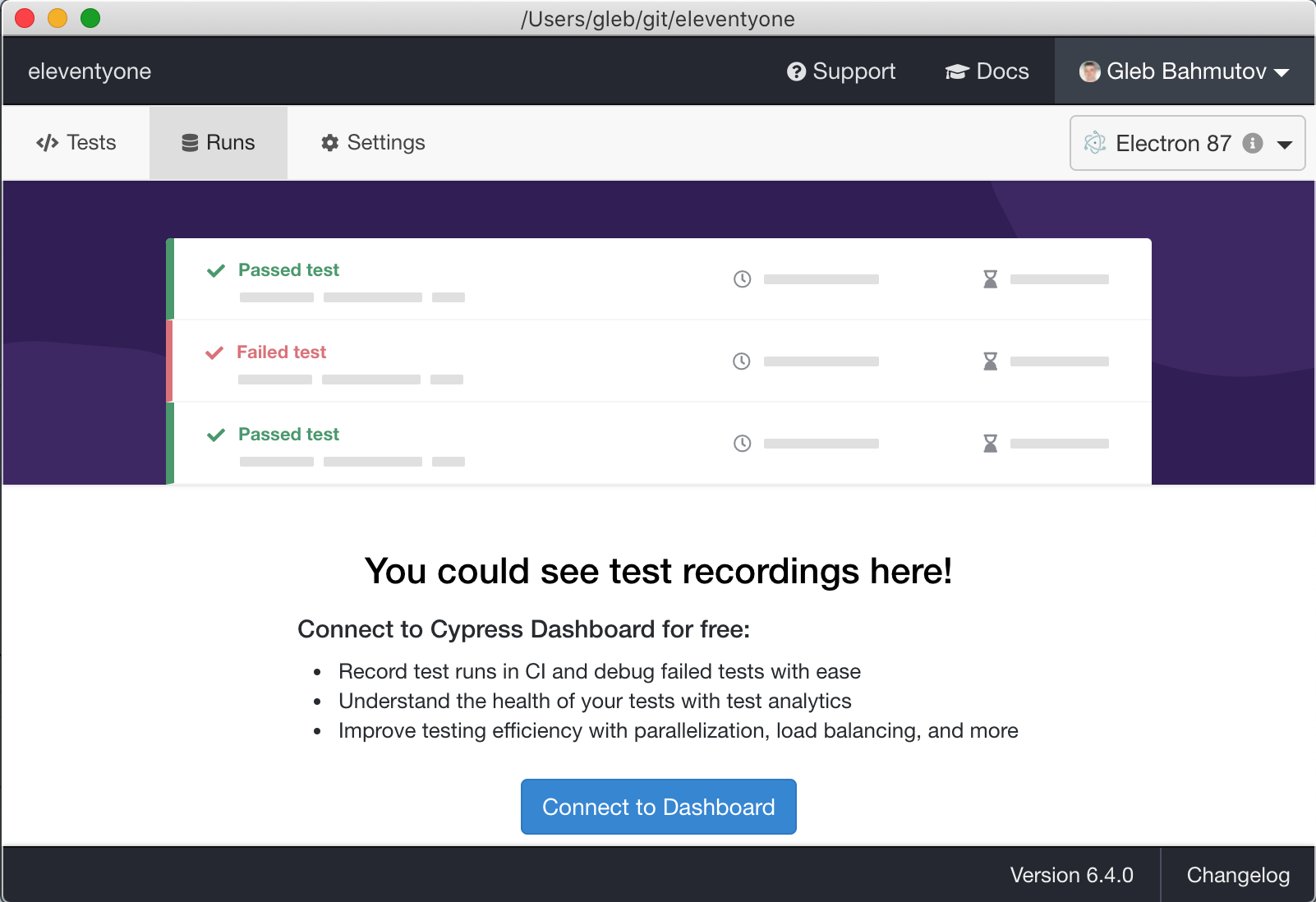 Click "Connect to Dashboard" button to set up project recording