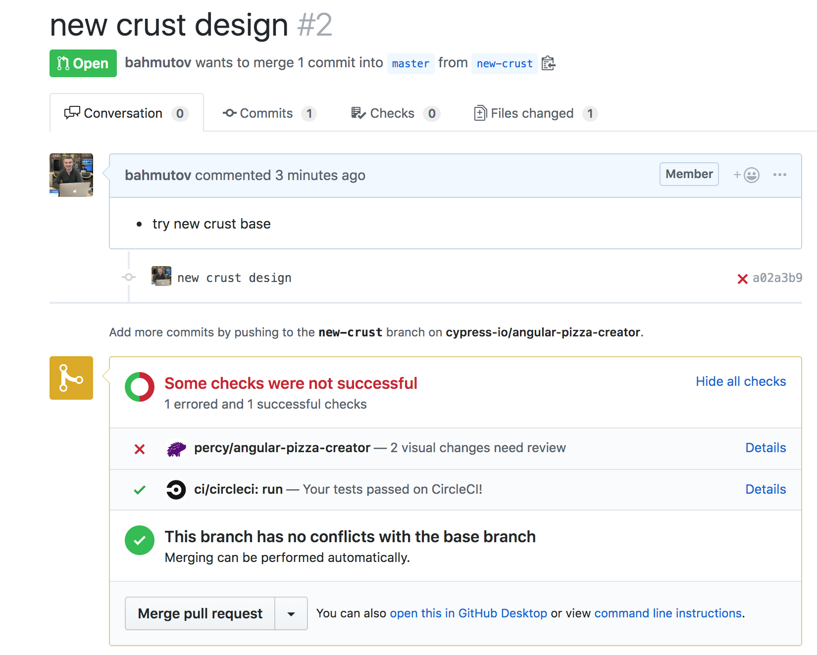 Functional tests and visual diff status for pull request