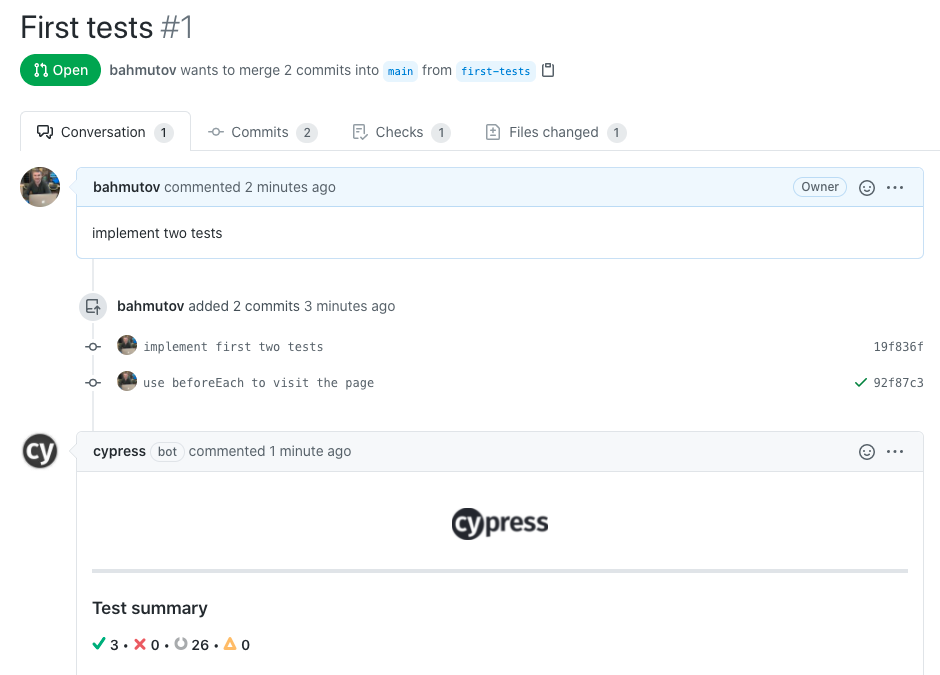 Pull request comment by the Cypress GH app