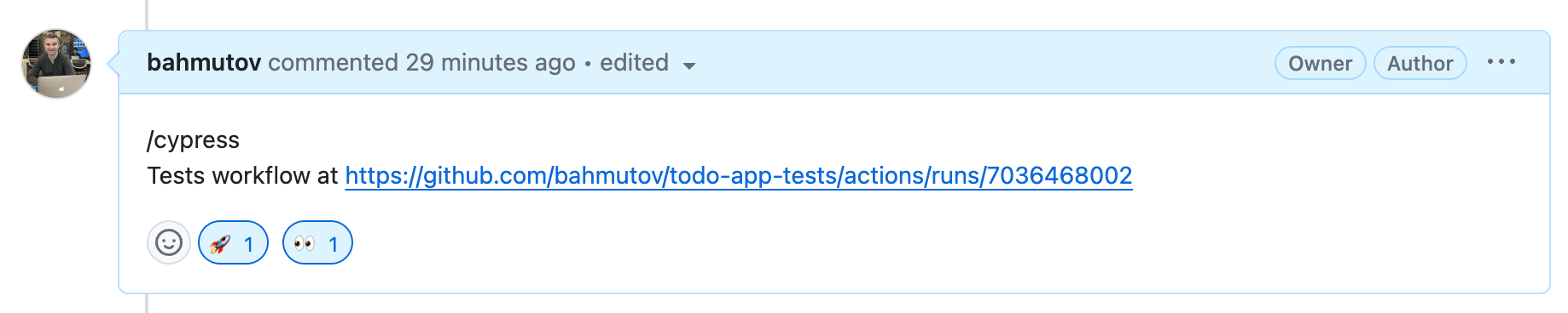 The tests workflow URL is appended to the original slash comment