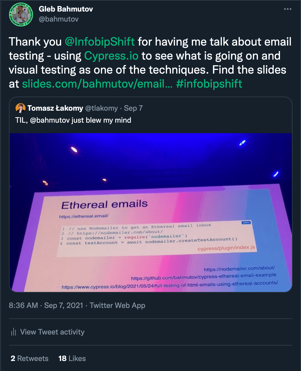 A tweet after the conference with the link to the presentation