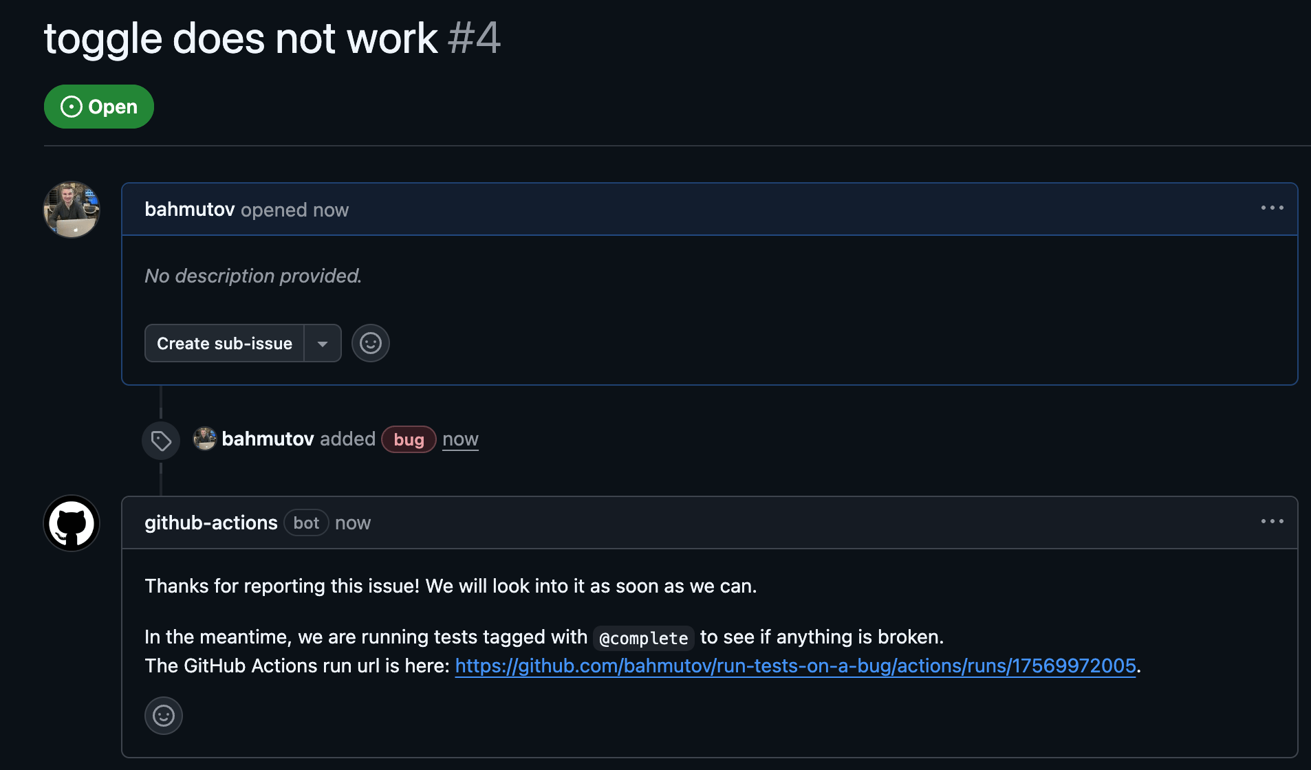 The bug workflow posts the response comment