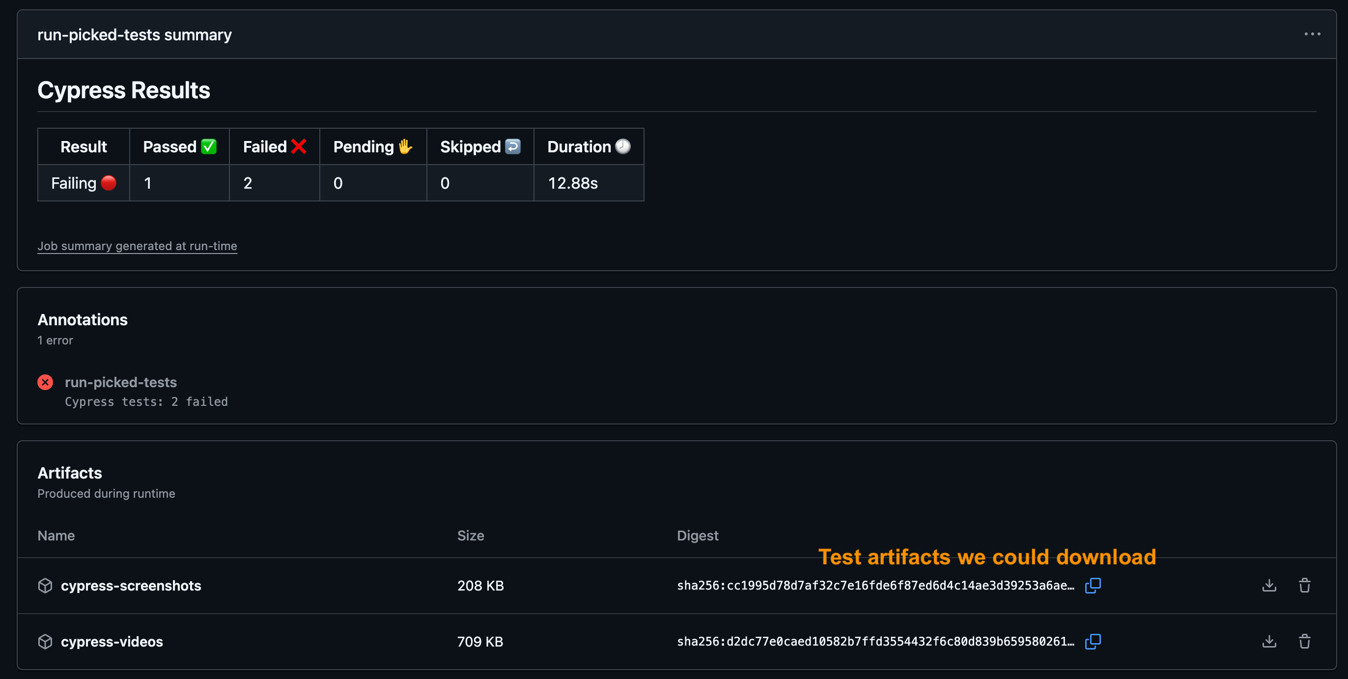 GitHub Actions run job summary has the links to the screenshots and videos