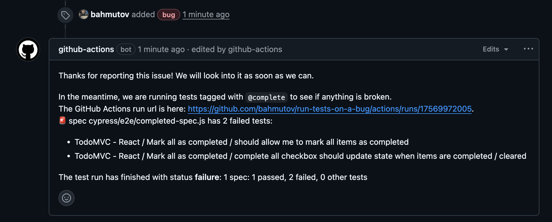 The comment is updated with the failed test titles