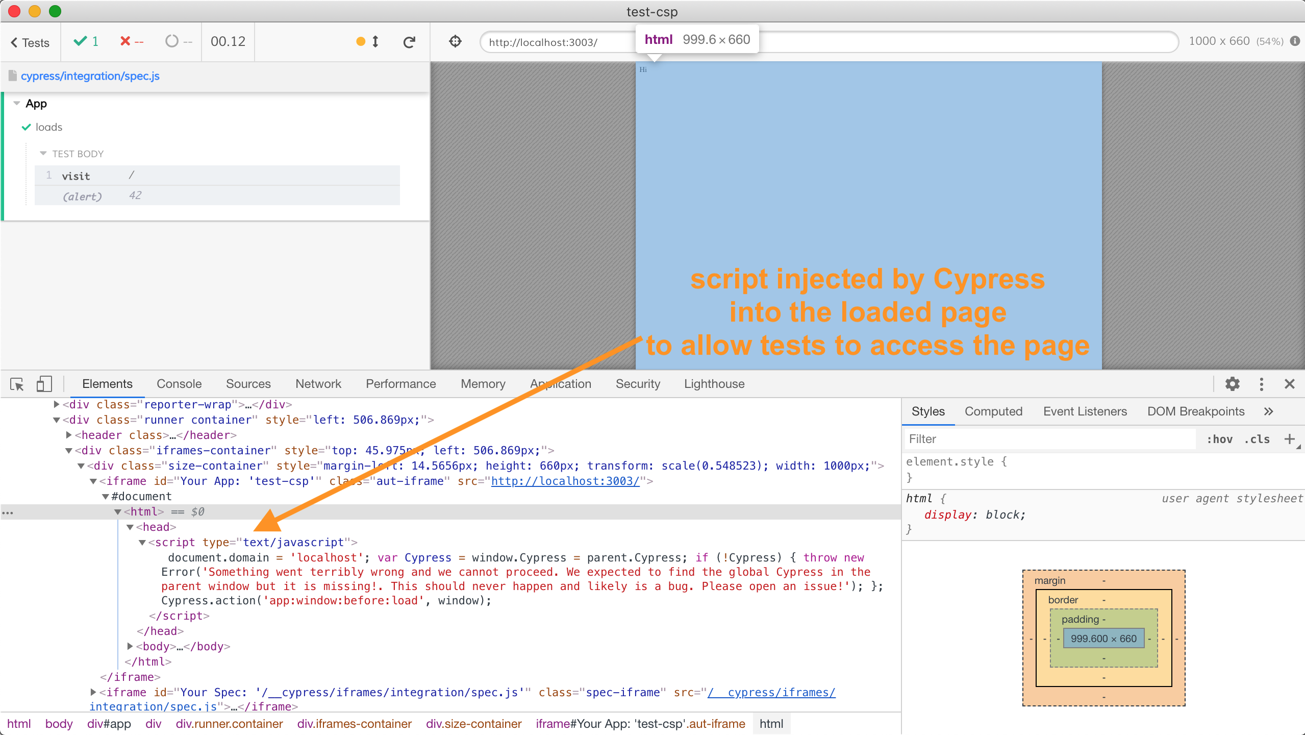 The script injected by Cypress proxy into the visited page