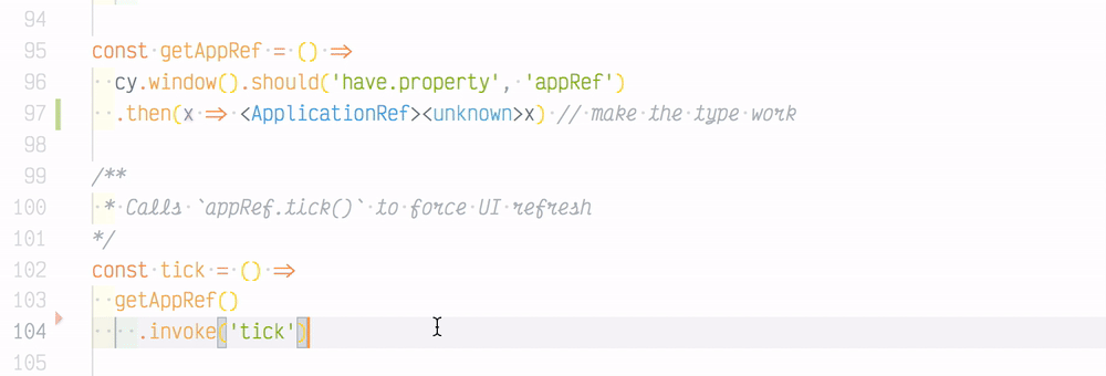 TypeScript provides intelligent code completion for `cy.invoke` over ApplicationRef