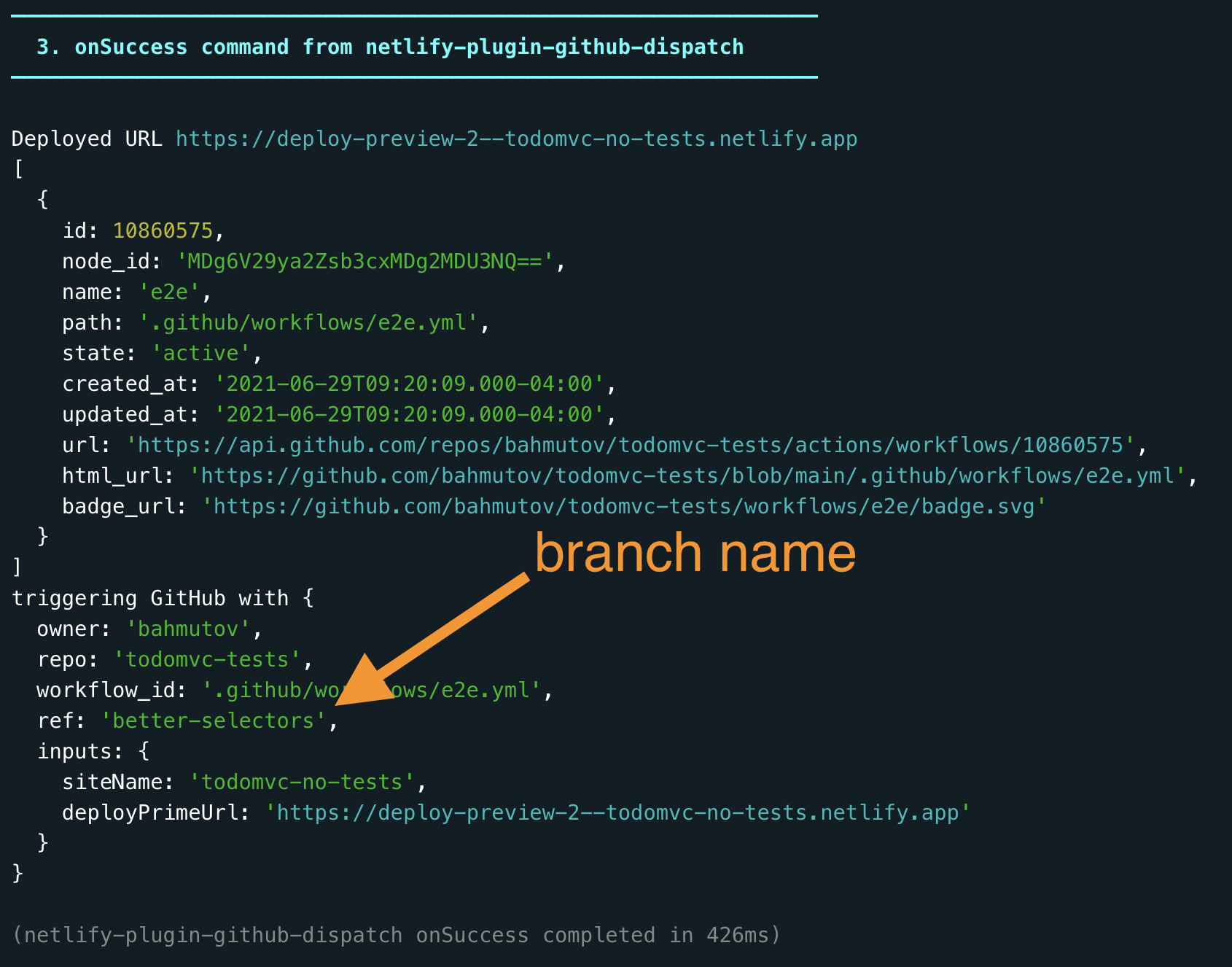 The dispatch triggers workflow using "better-selectors" branch