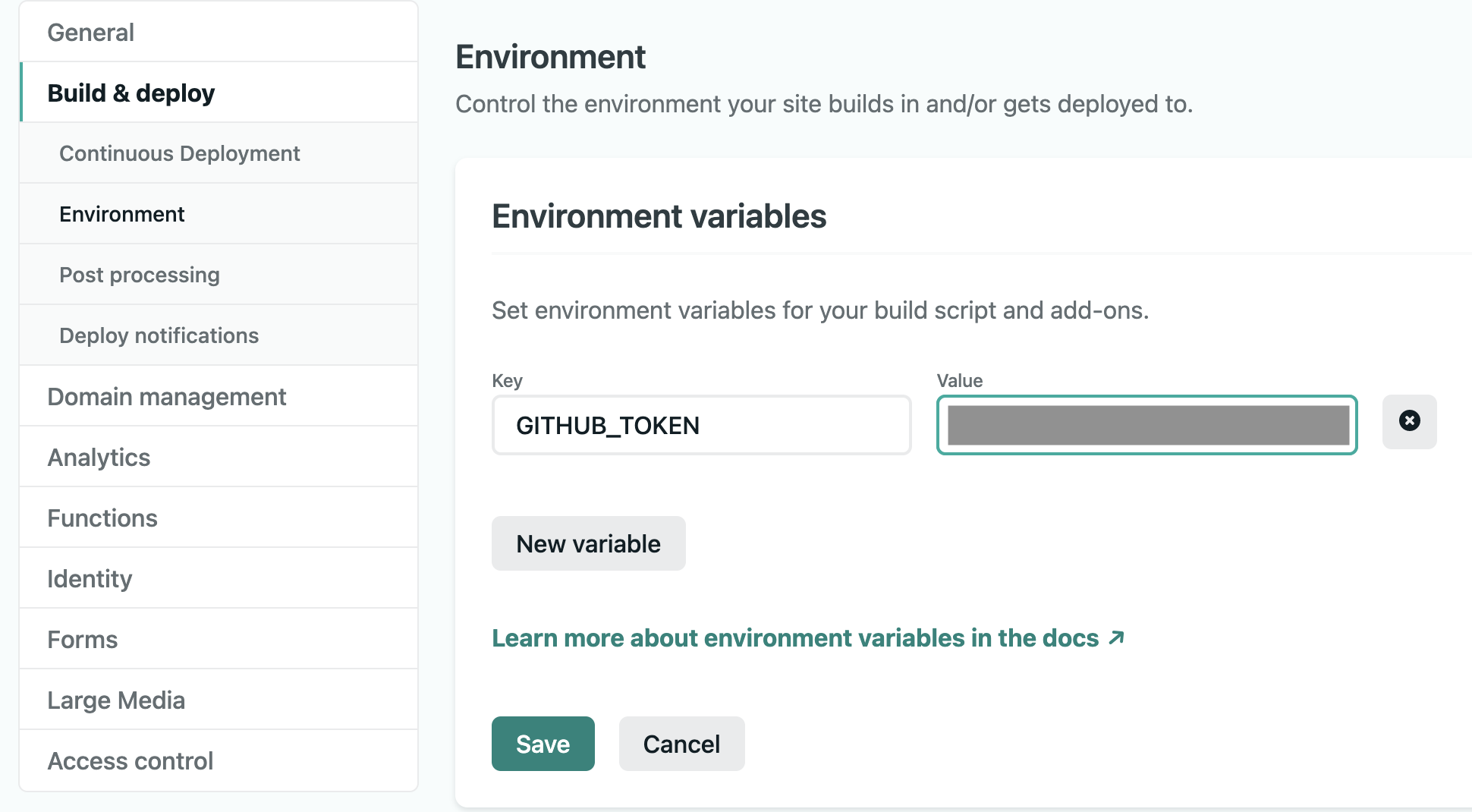 Set the created GitHub token as Netlify environment variable in the Build step