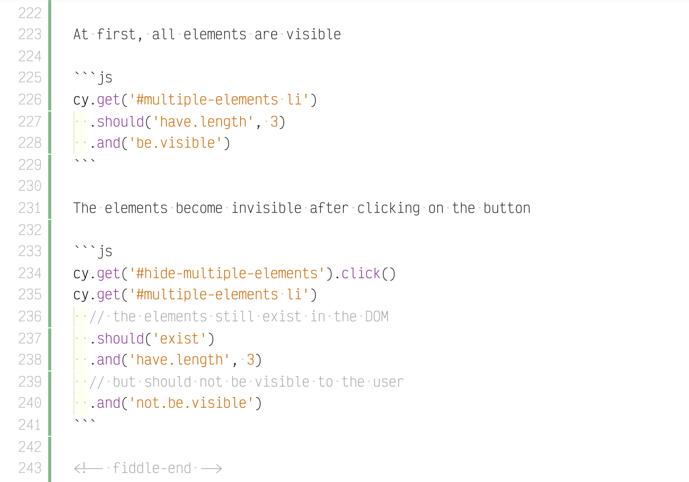 The Cypress test commands to run against the example markup