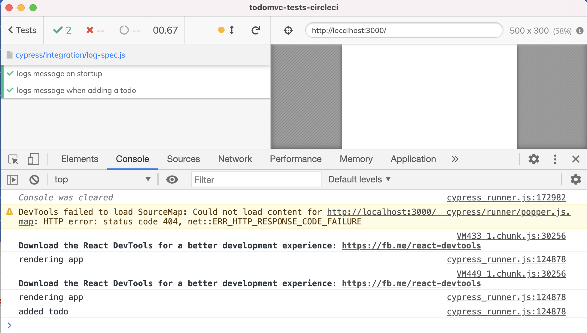 The DevTools console never shows the message "running app code" from the app callback