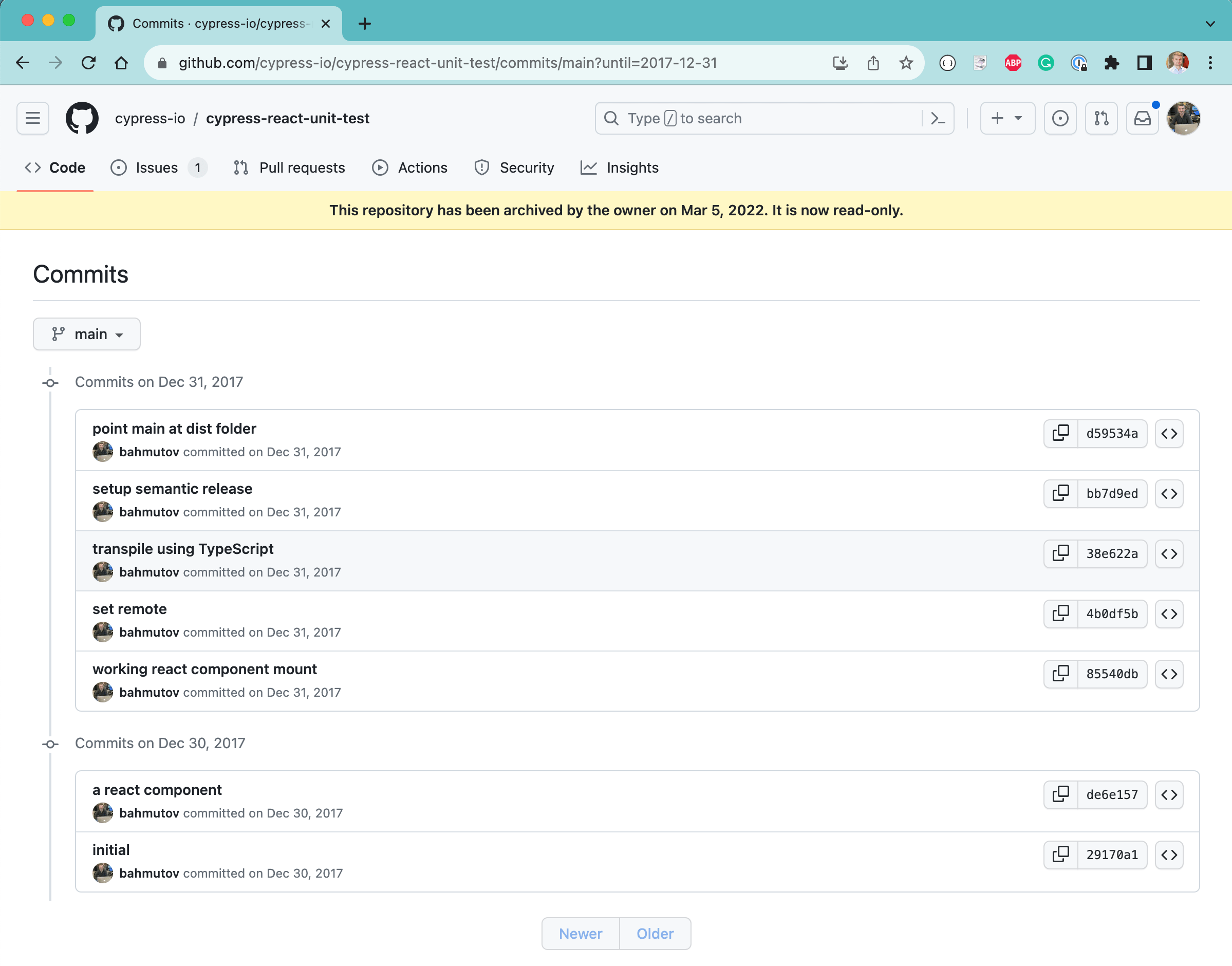 The commits that started Cypress React component testing
