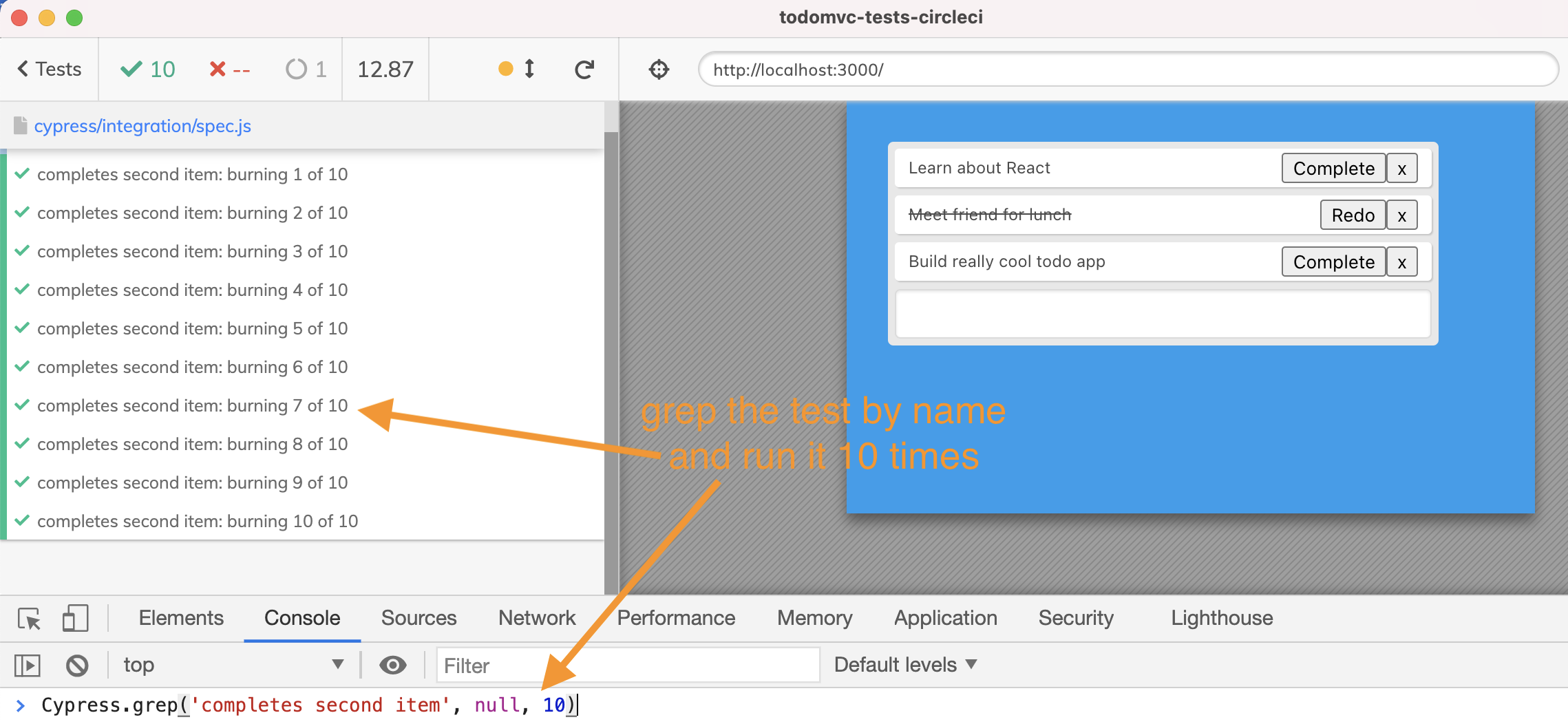 Run a single test by title ten times in a row from DevTools Console