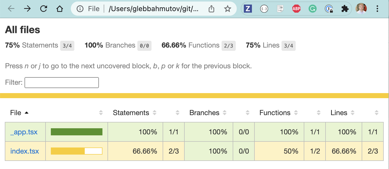 The code coverage report for the production app
