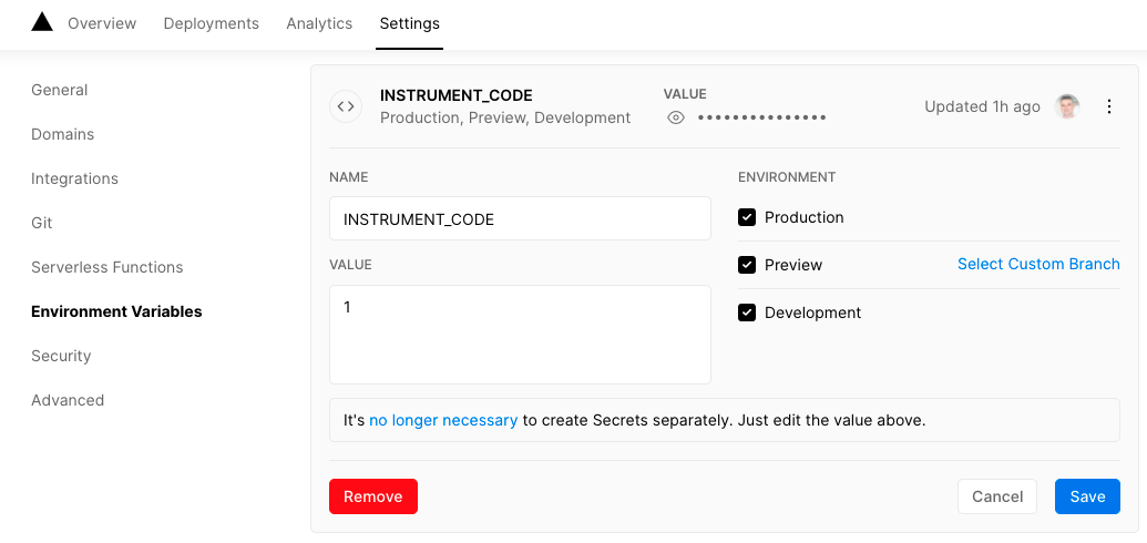Set the INSTRUMENT_CODE variable to instrument the build on Vercel