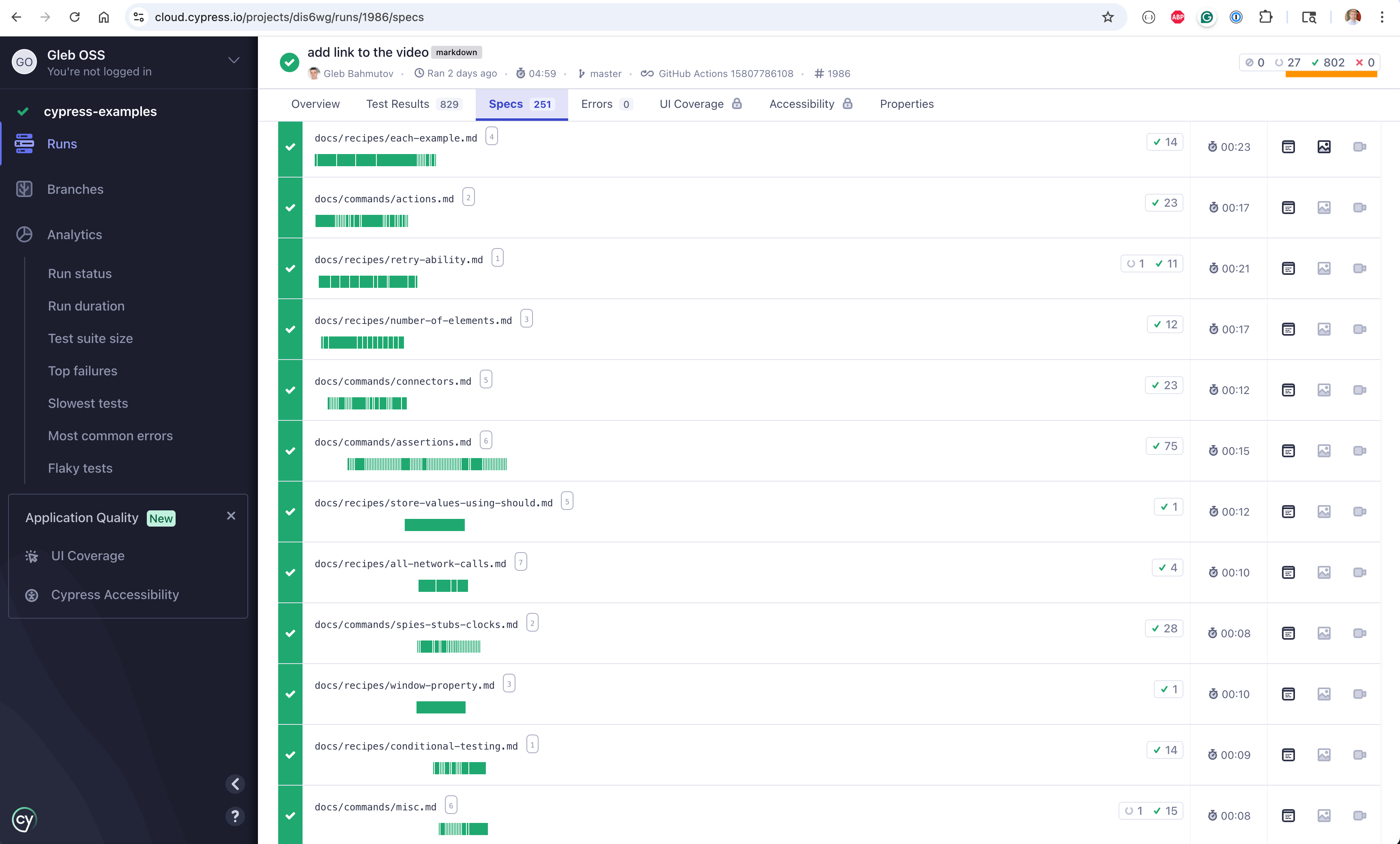 My cypress-examples repo has more than passing 800 Cypress tests