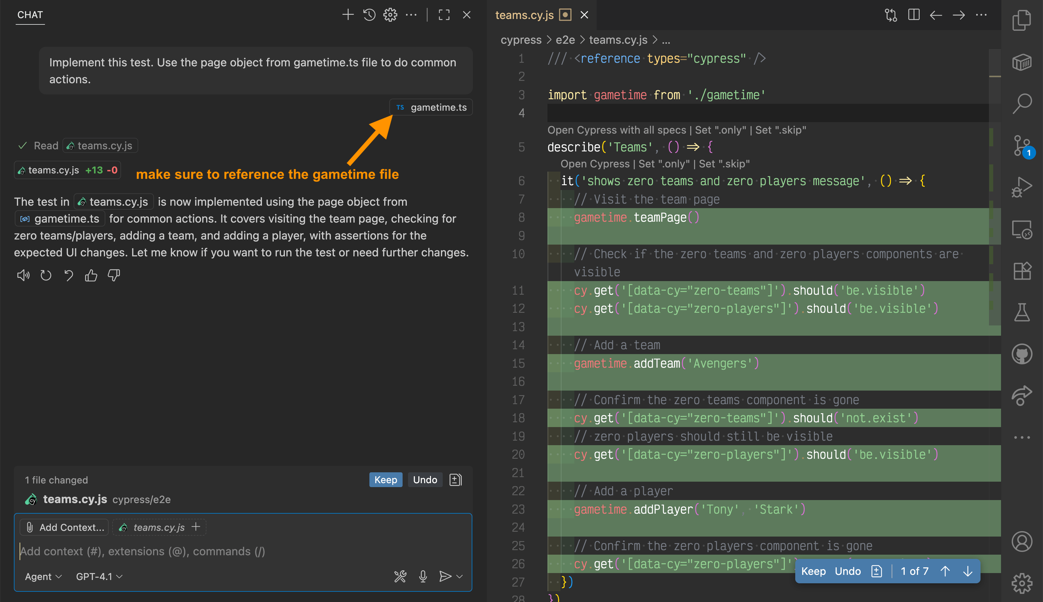 Copilot prompt including the page object reference
