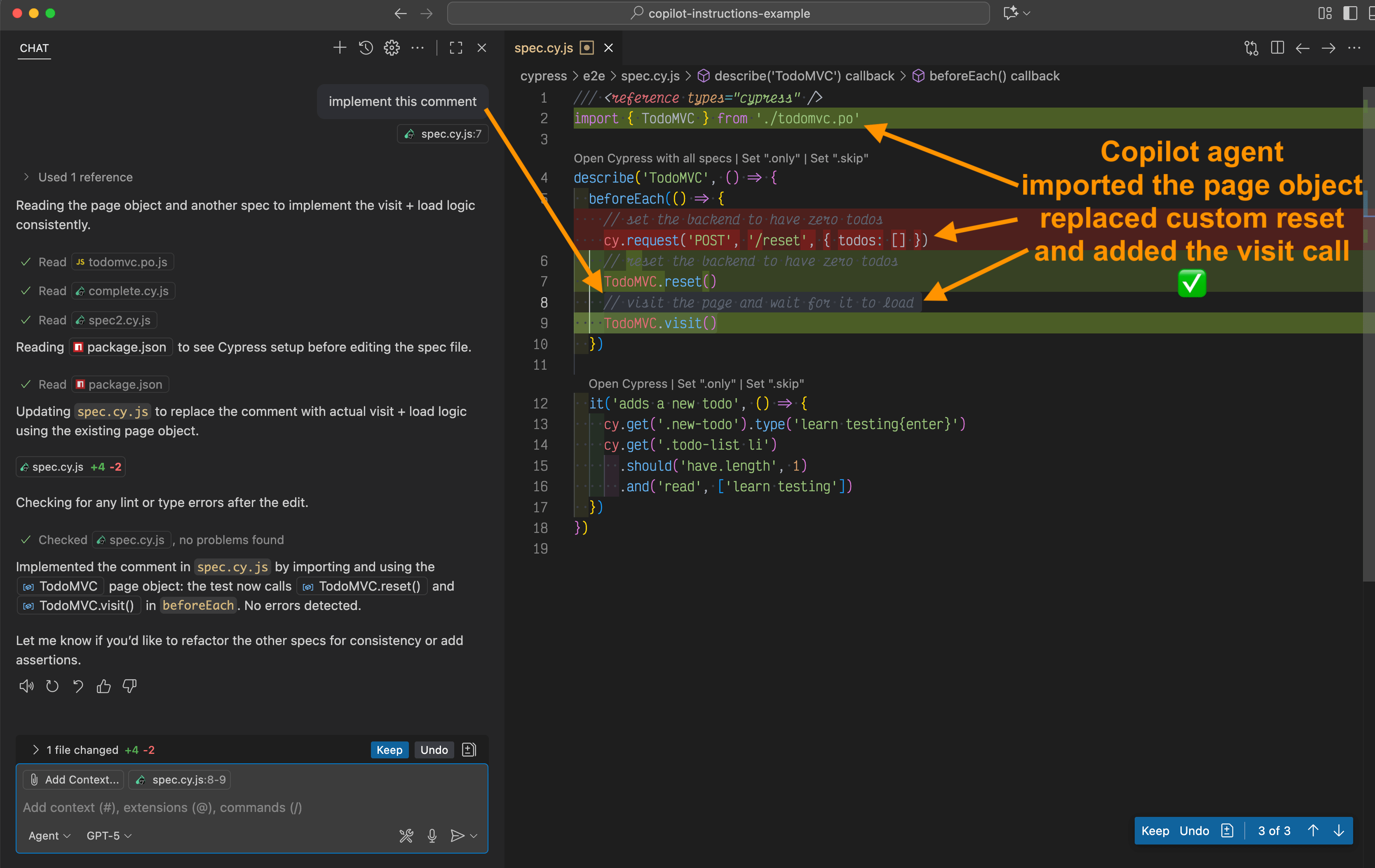 Copilot Agent correctly uses our page object to write a great test
