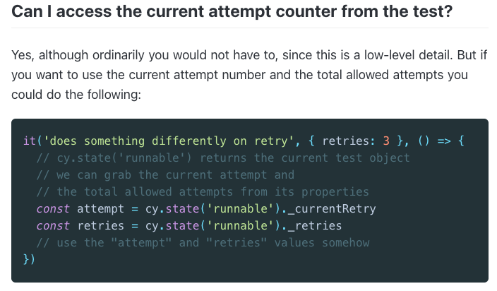 Cypress documentation mentions cy.state as a way to get the test retries counter