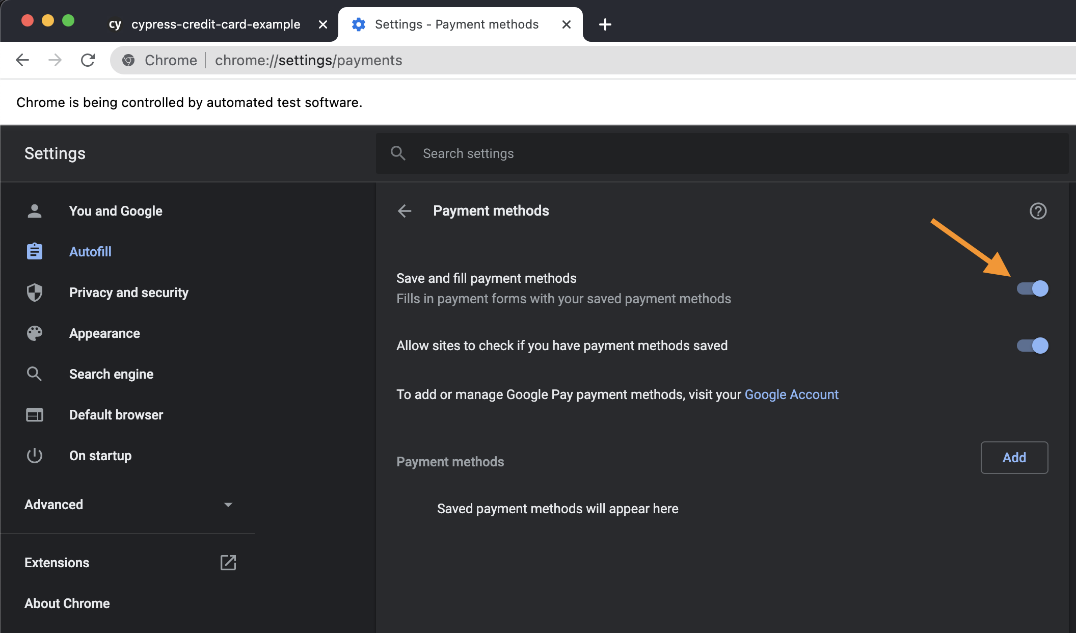 The browser payment settings