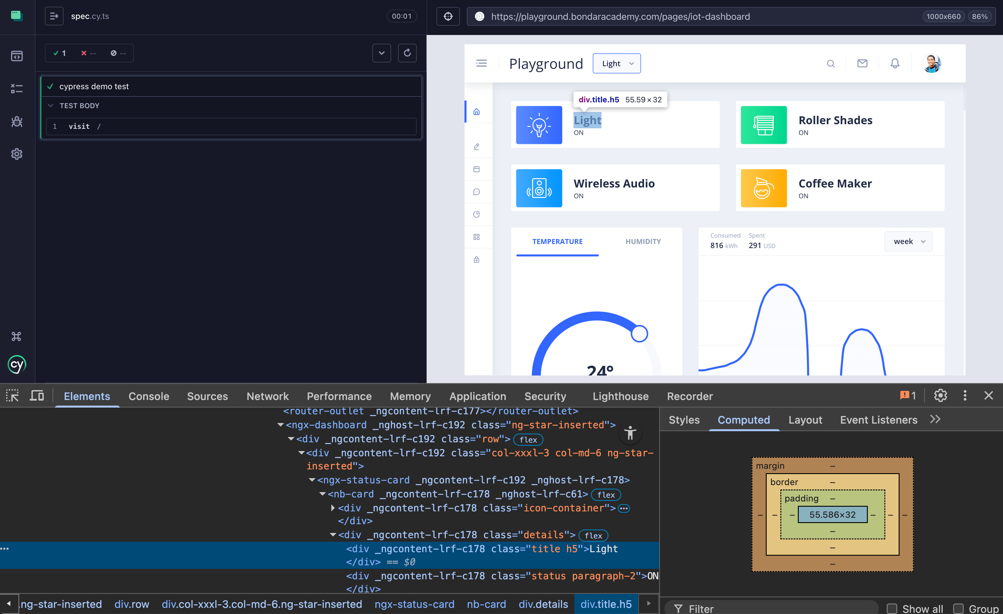 Cypress browser shows the real DOM