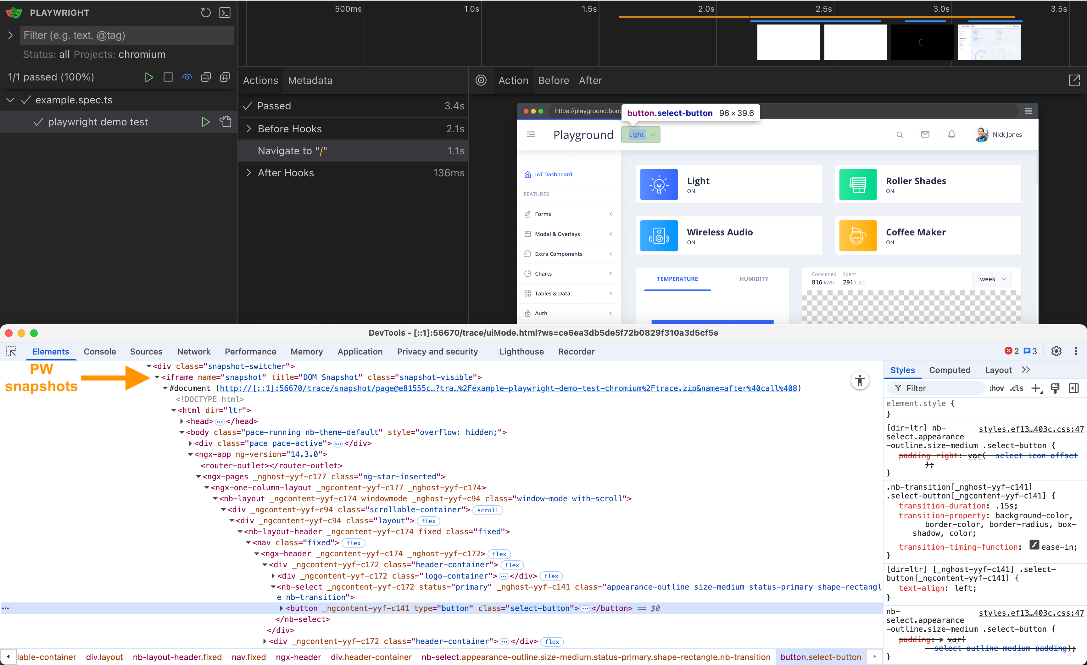 Playwright UI mode shows DOM snapshots for each command