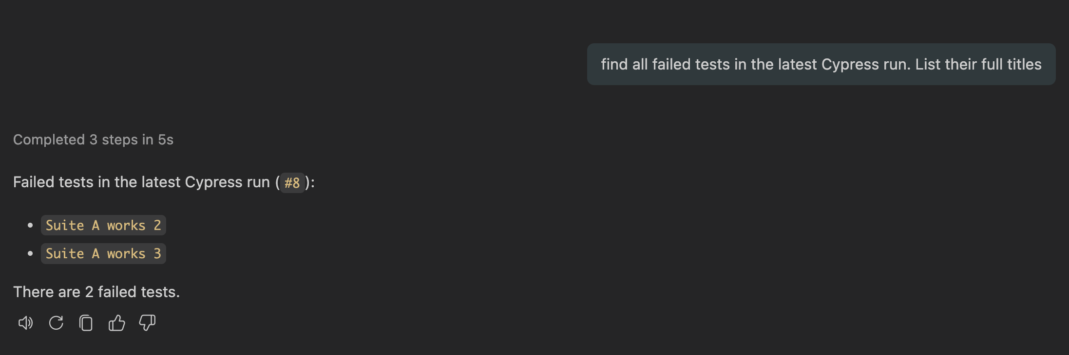 The list of failed test in the latest run