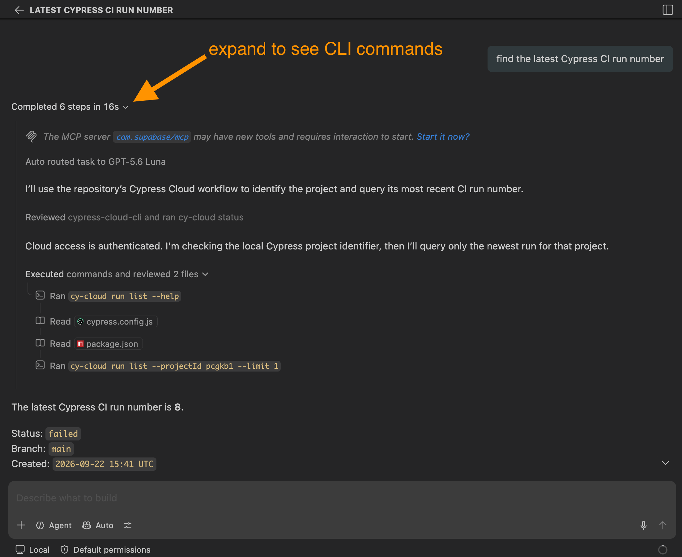 Expand the chat command block to see the executed Cloud CLI commands