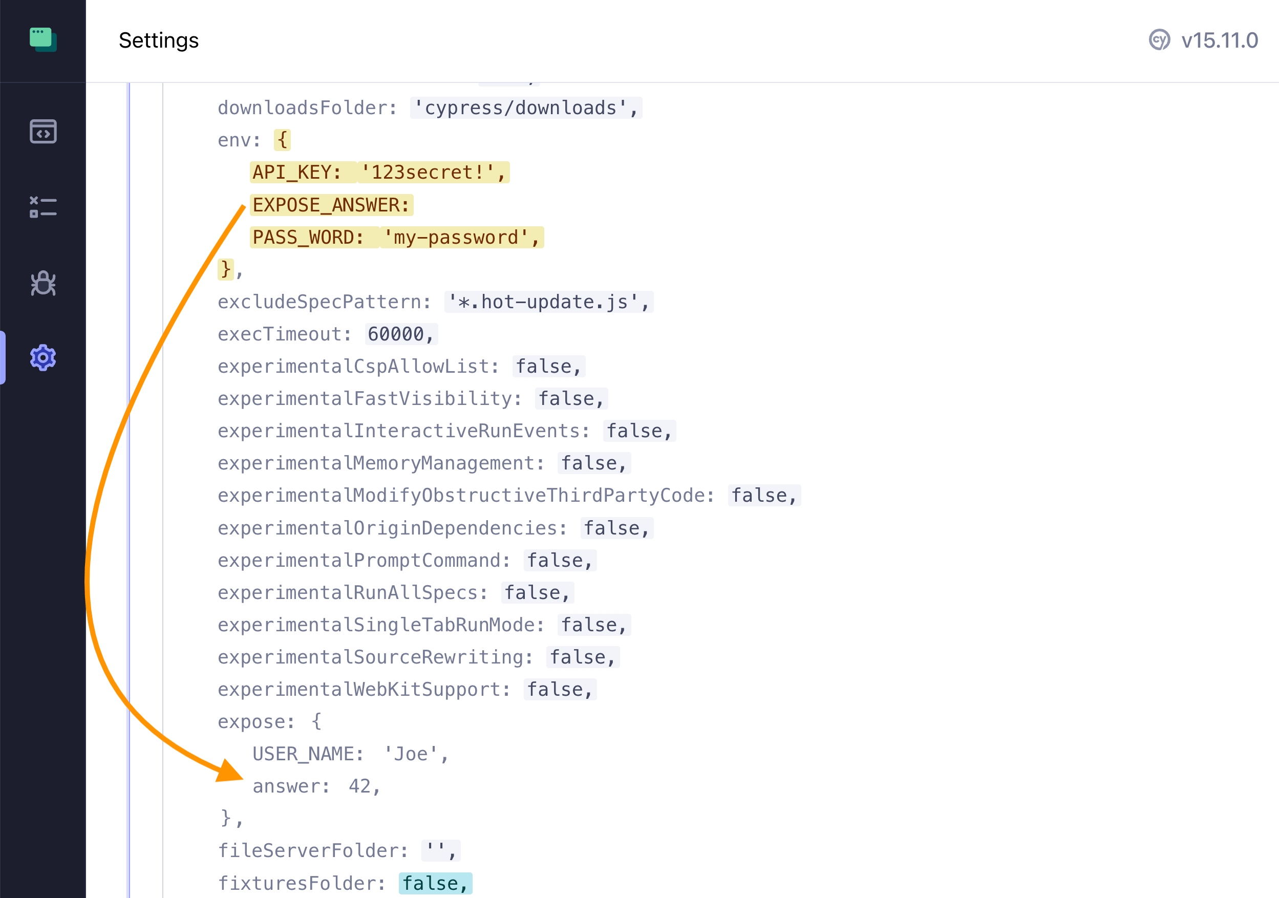 cypress-expose "moved" the environment variable "answer" to be publicly accessible in the browser