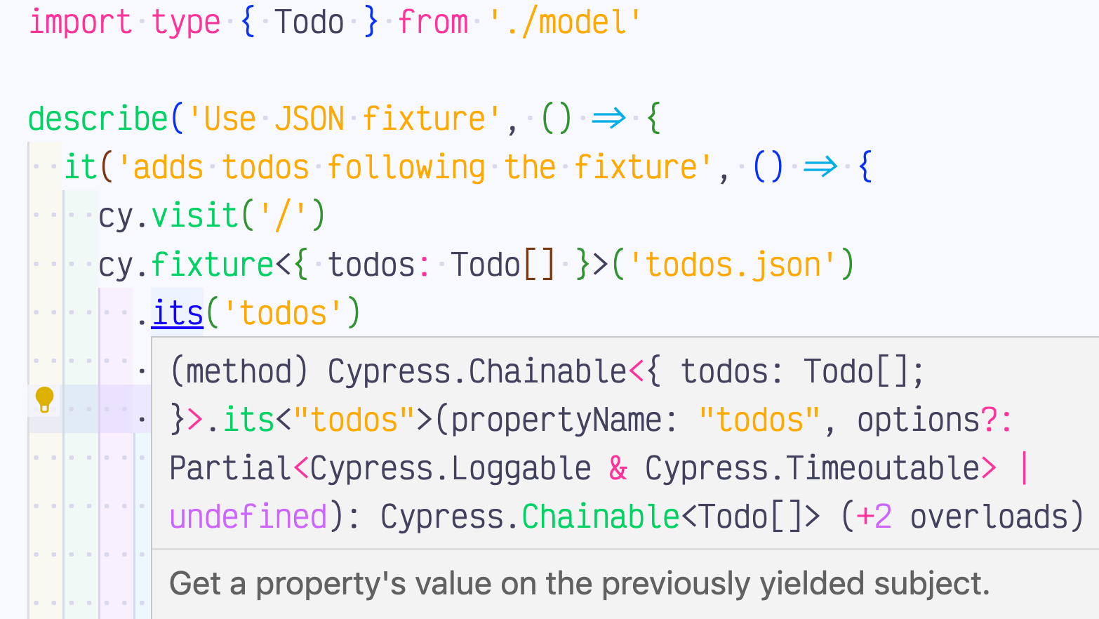 Adding type to the value yielded by the cy.fixture command makes the entire command chain correct