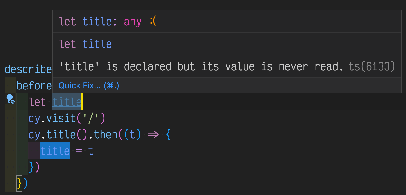 VSCode shows the title variable having type any