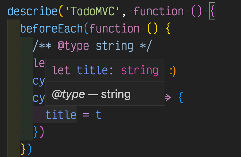 VSCode shows the title variable having type any