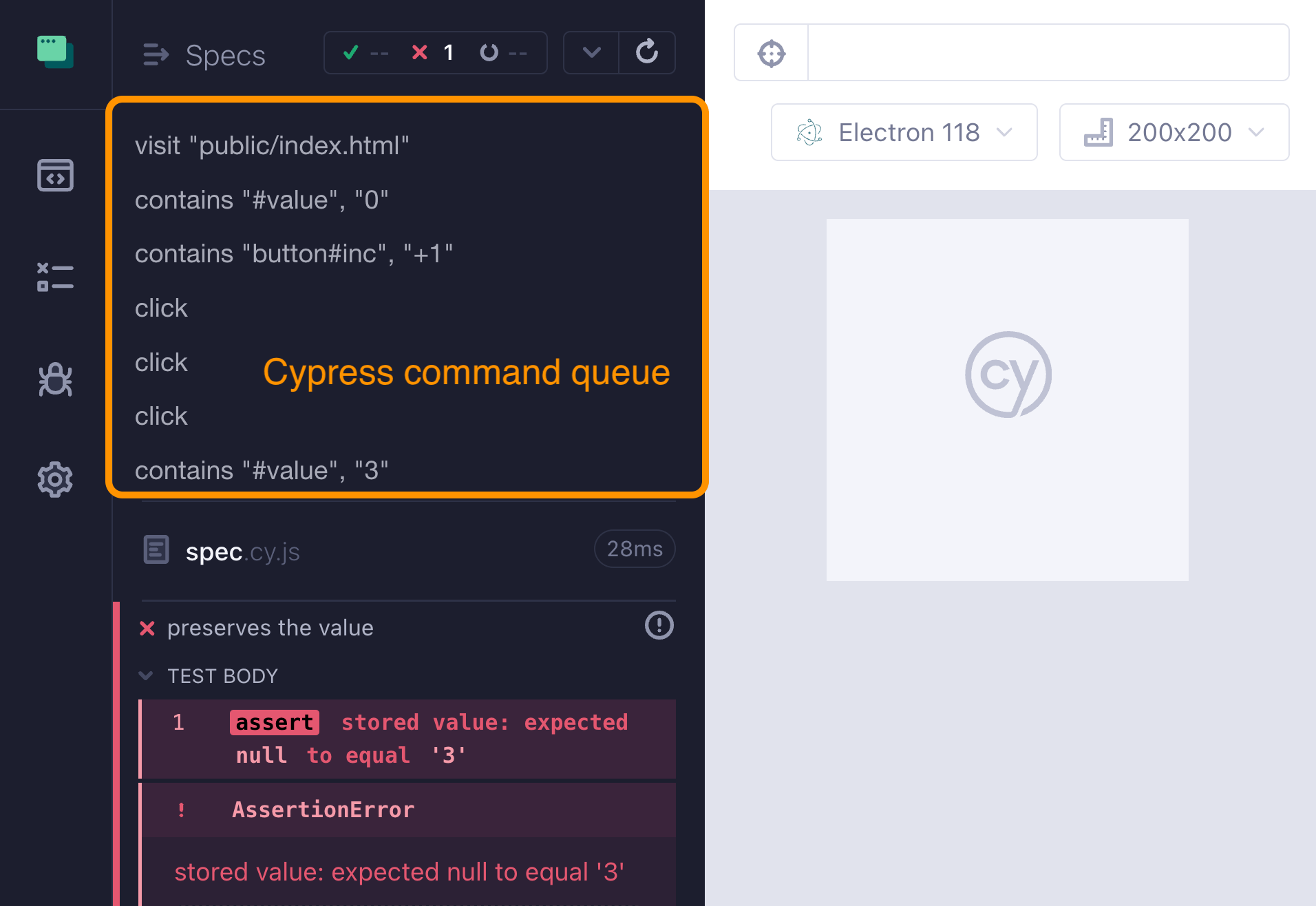 Cypress commands were added to the queue but have not executed yet