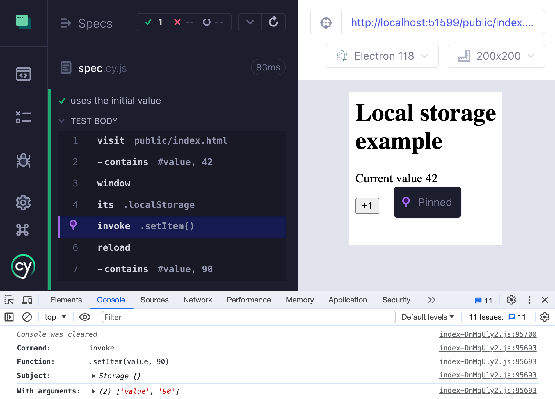 Debugging the "cy.invoke" setItem method call