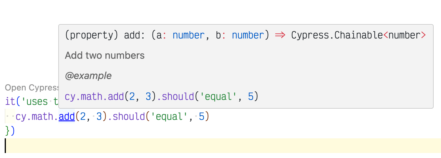 VSCode showing help for the custom command "cy.math.add"