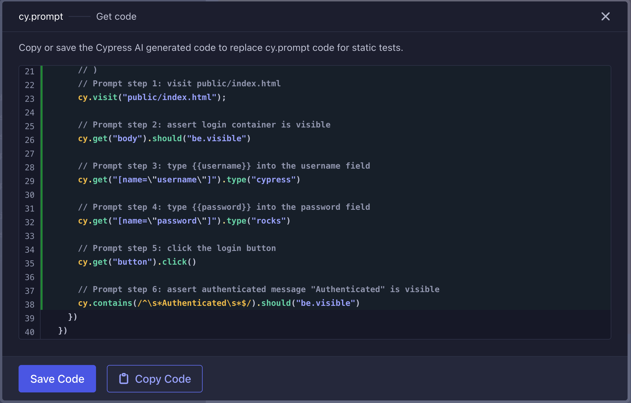 The prompt converted to Cypress test commands