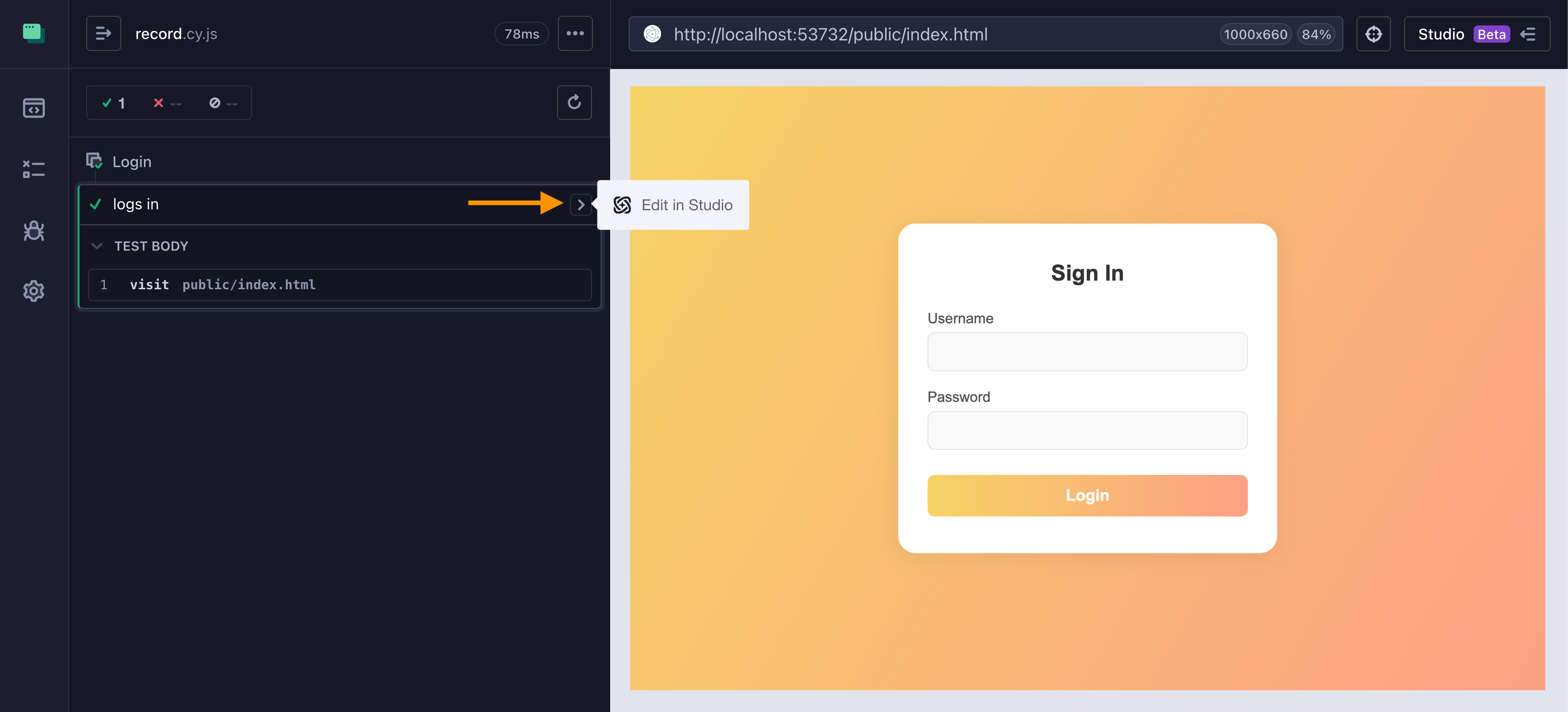 Edit the test using Cypress Studio