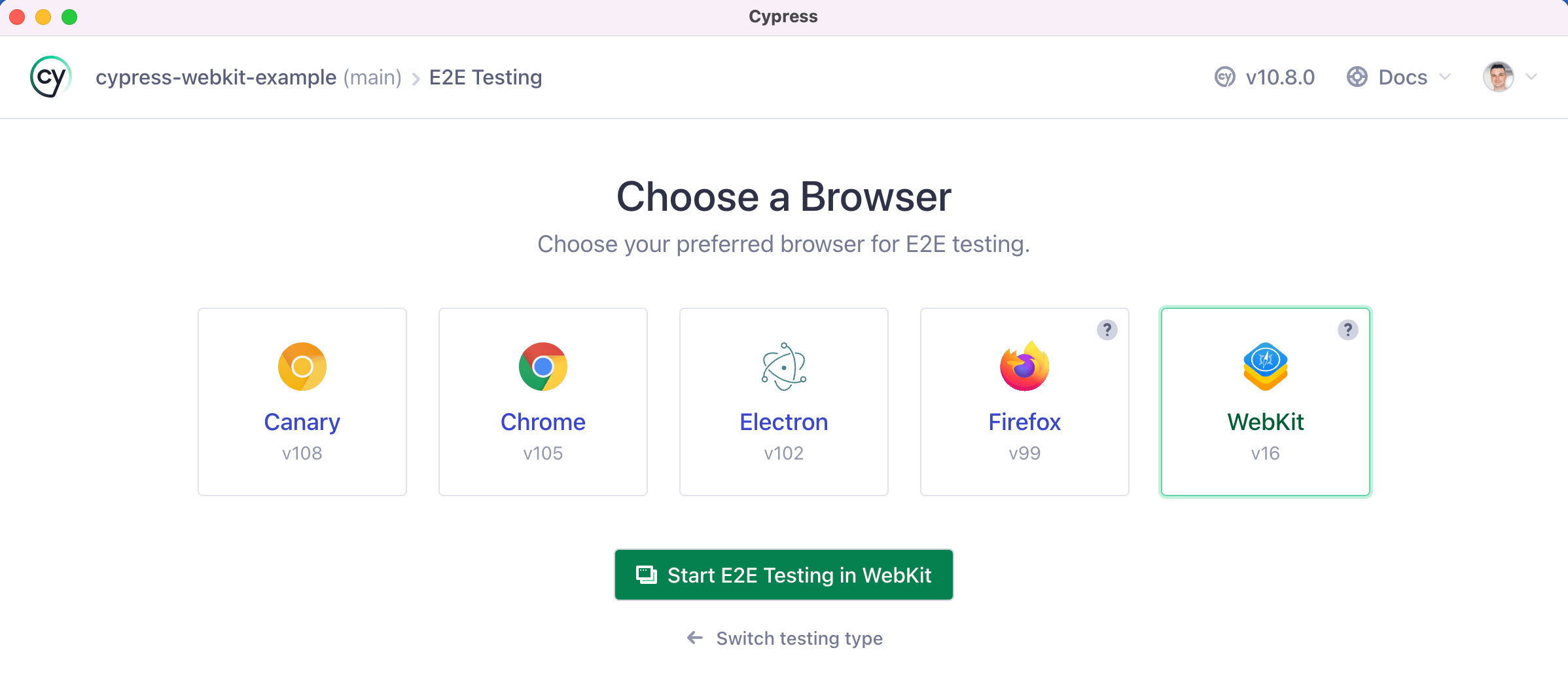 WebKit browser shown inside Cypress list of browsers