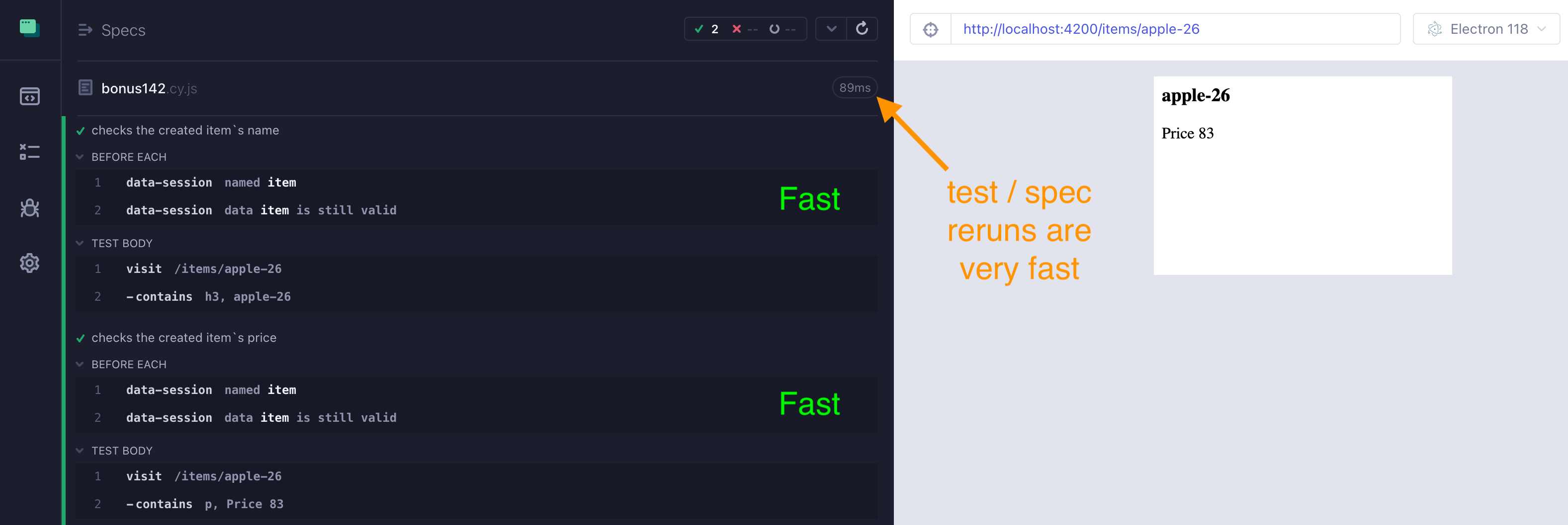 Both tests reuse the item created in the previous runs